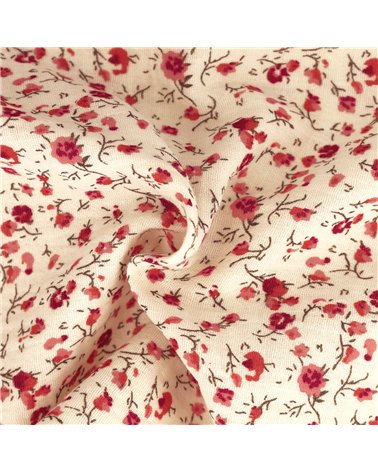 Tissu double gaze imprimée fleurs 130gsm fleur rouge au mètre