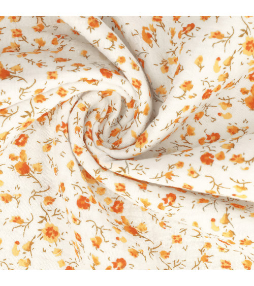 Blumenbedruckter Double-Gaze-Stoff, 130 g/m², orangefarbene Blume am laufenden Meter