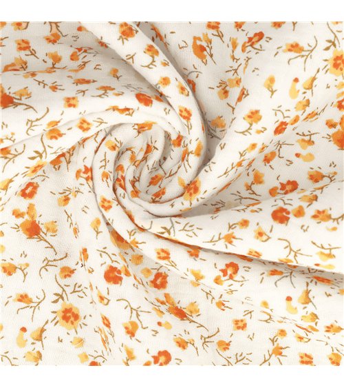 Tissu double gaze imprimée fleurs 130gsm fleur orange au mètre