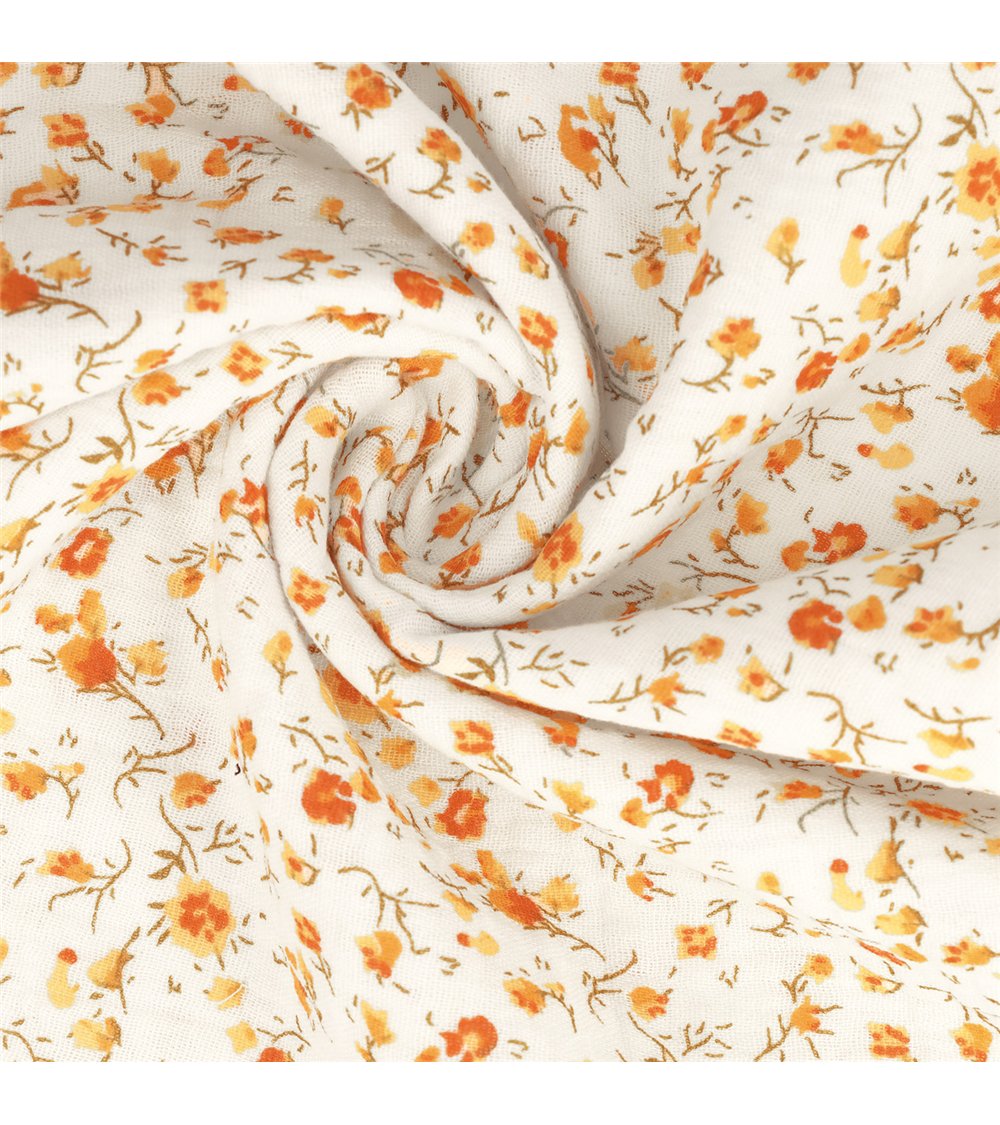 Tissu double gaze imprimée fleurs 130gsm fleur orange au mètre