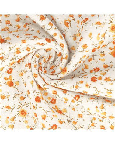 Tissu double gaze imprimée fleurs 130gsm fleur orange au mètre