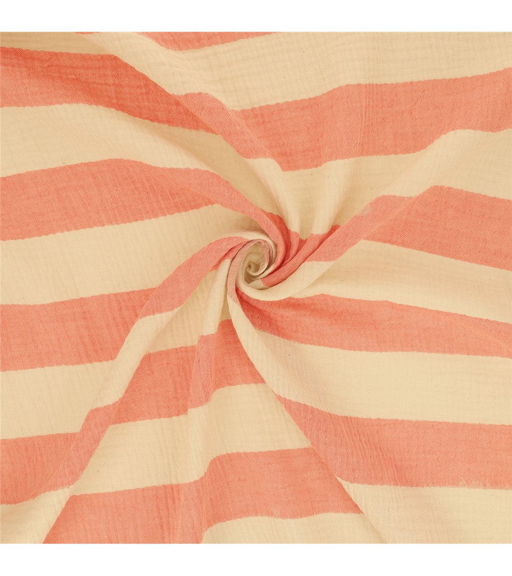 Tissu rayure double gaze 140gsm saumon au mètre