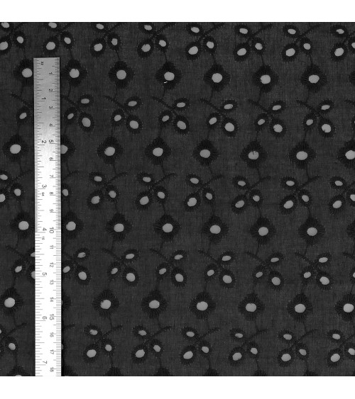 Bordado inglés 100% algodón flores pequeñas y hojas negras por metro