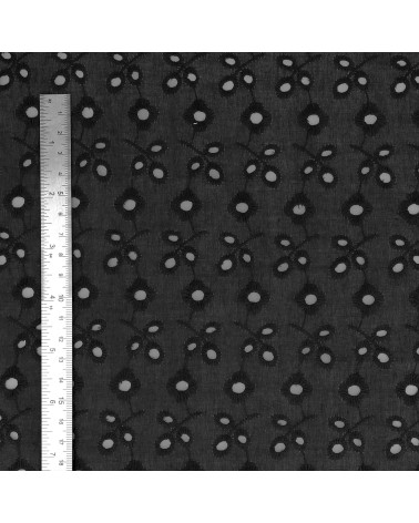 Ricamo inglese 100% cotone fiorellini e foglie nere al metro