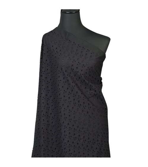 Broderie anglaise 100% coton petites fleurs et feuilles noir au mètre