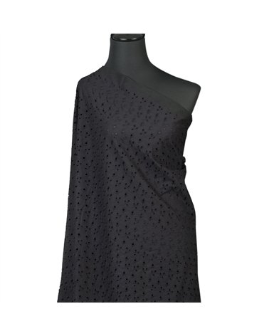 Broderie anglaise 100% coton petites fleurs et feuilles noir au mètre
