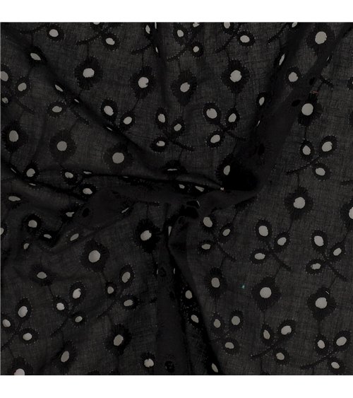 Broderie anglaise 100% coton petites fleurs et feuilles noir au mètre