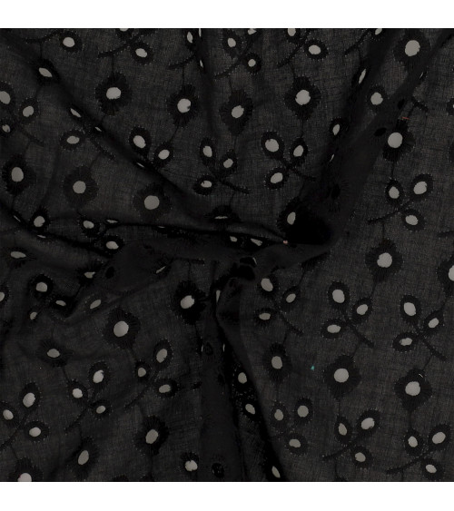 Ricamo inglese 100% cotone fiorellini e foglie nere al metro