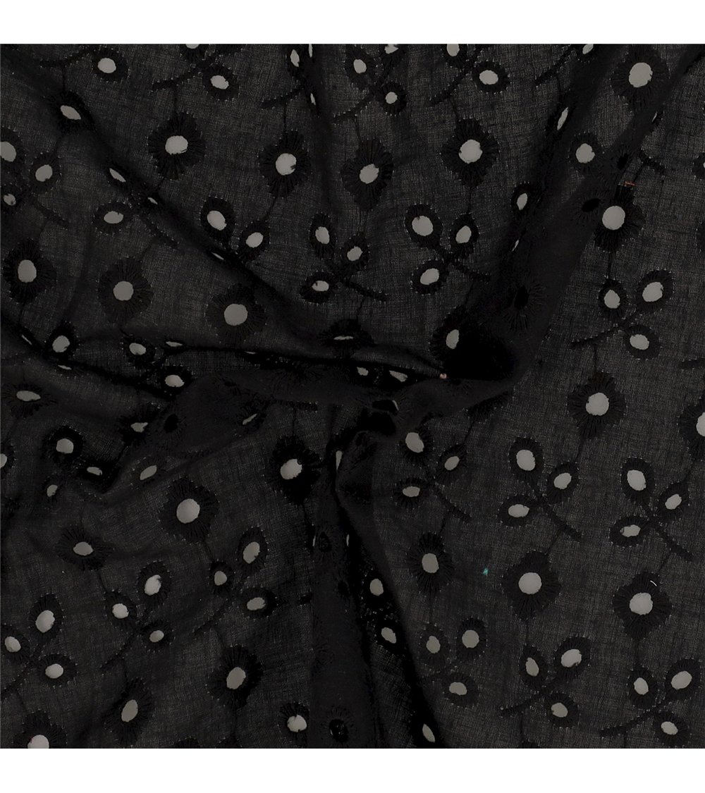 Broderie anglaise 100% coton petites fleurs et feuilles noir au mètre