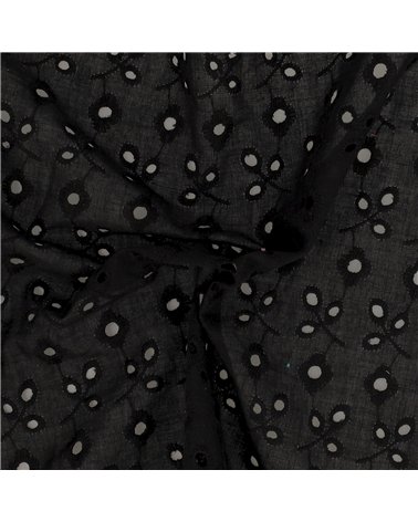 Broderie anglaise 100% coton petites fleurs et feuilles noir au mètre