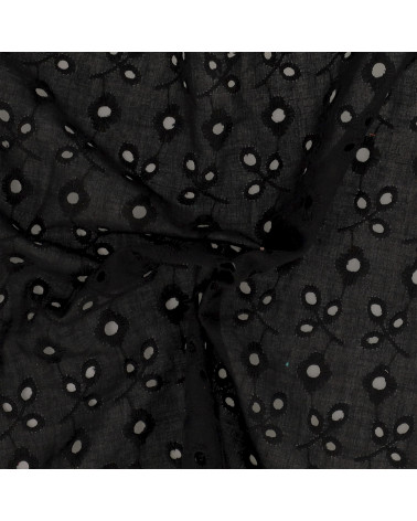 Ricamo inglese 100% cotone fiorellini e foglie nere al metro