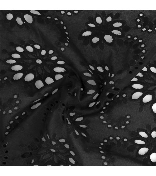 Broderie anglaise 100% coton fleurs noir au mètre
