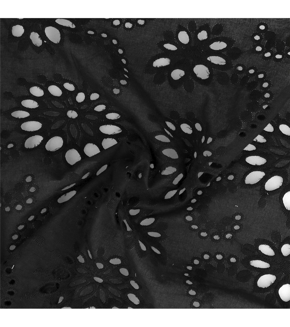 Broderie anglaise 100% coton fleurs noir au mètre