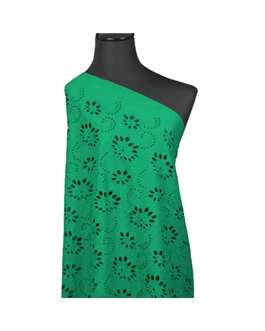 Broderie anglaise 100% coton fleurs vert nil au mètre