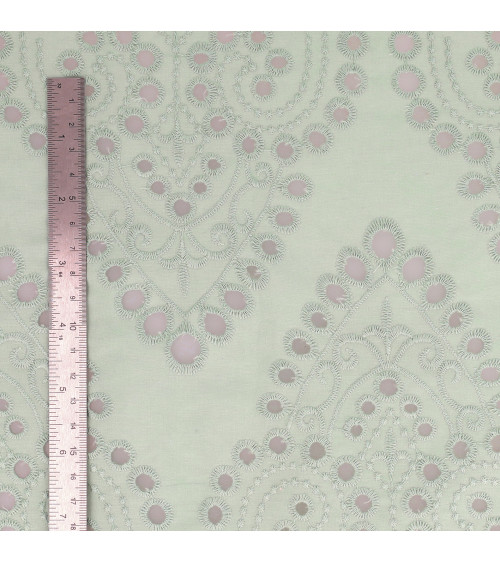 100% cotton English embroidery, large pale green arabesques by the meter