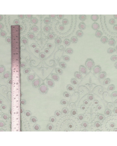100% cotton English embroidery, large pale green arabesques by the meter