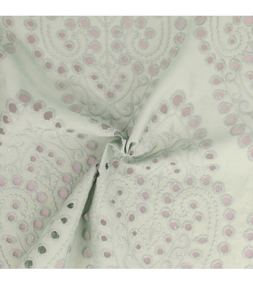 100% cotton English embroidery, large pale green arabesques by the meter