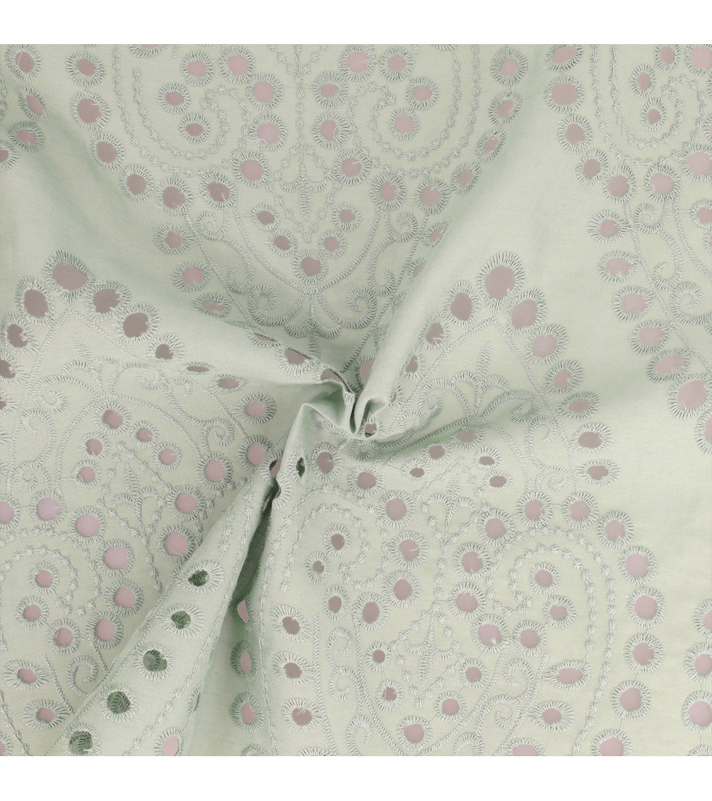 100% cotton English embroidery, large pale green arabesques by the meter