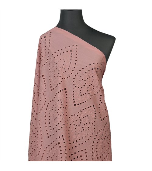 Broderie anglaise 100% coton grandes arabesques rose poudre au mètre
