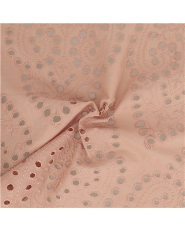 Broderie anglaise 100% coton grandes arabesques rose poudre au mètre
