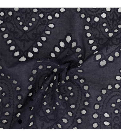 Broderie anglaise 100% coton grandes arabesques marine au mètre