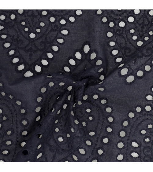 Ricamo inglese 100% cotone grandi arabeschi blu navy al metro