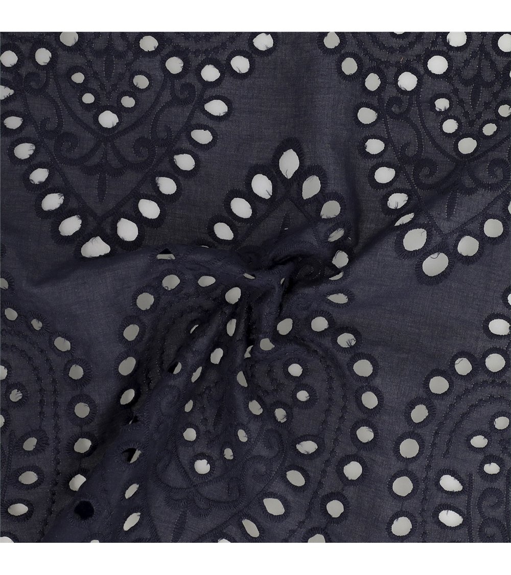 Broderie anglaise 100% coton grandes arabesques marine au mètre