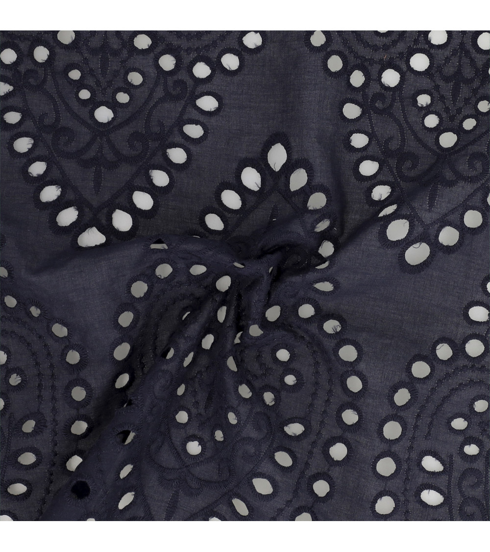 Ricamo inglese 100% cotone grandi arabeschi blu navy al metro