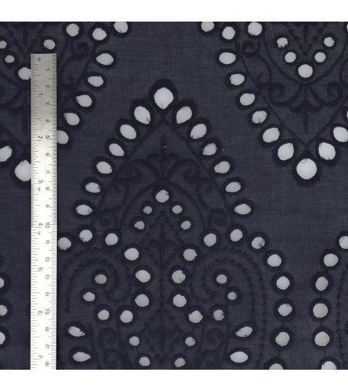 Ricamo inglese 100% cotone grandi arabeschi blu navy al metro
