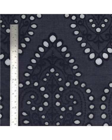 Broderie anglaise 100% coton grandes arabesques marine au mètre