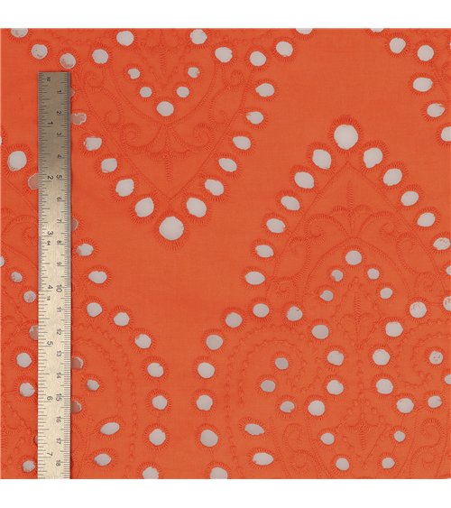 Broderie anglaise 100% coton grandes arabesques orange au mètre
