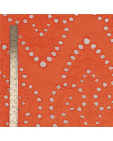 Broderie anglaise 100% coton grandes arabesques orange au mètre