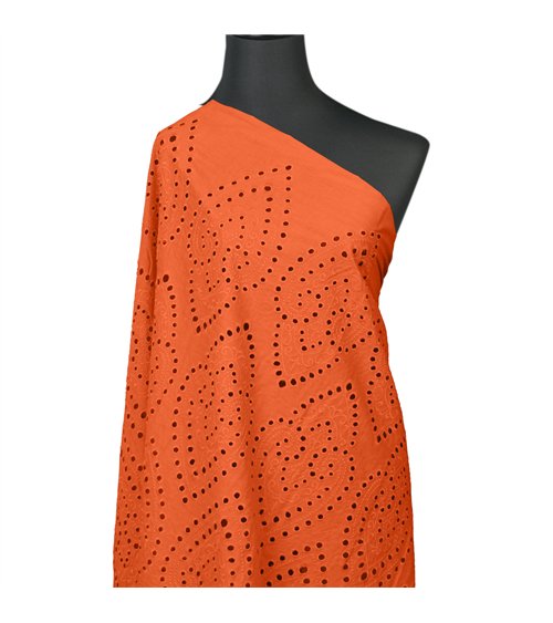 Broderie anglaise 100% coton grandes arabesques orange au mètre