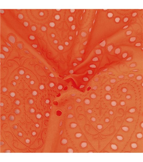 Broderie anglaise 100% coton grandes arabesques orange au mètre