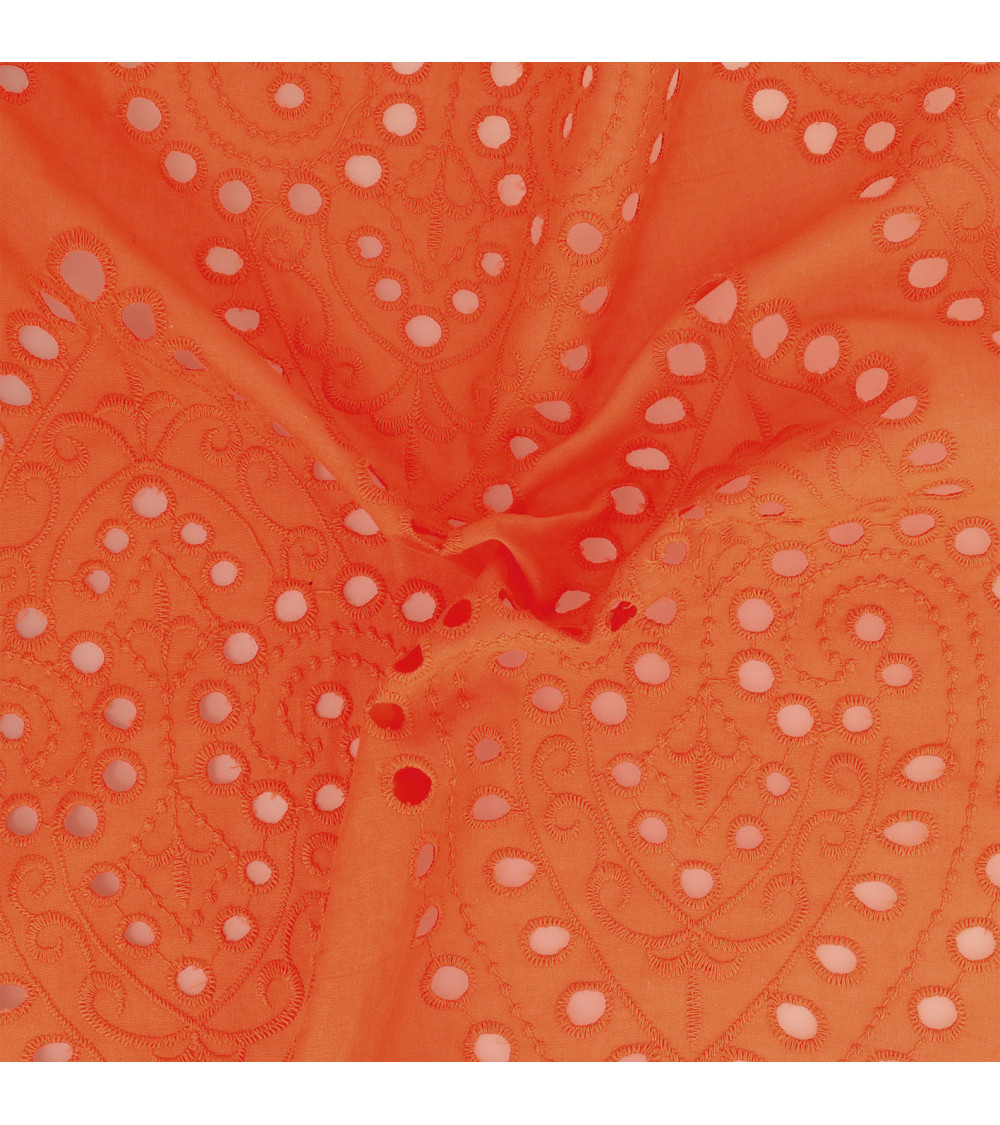 Bordado inglés 100% algodón arabescos grandes naranjas por metro