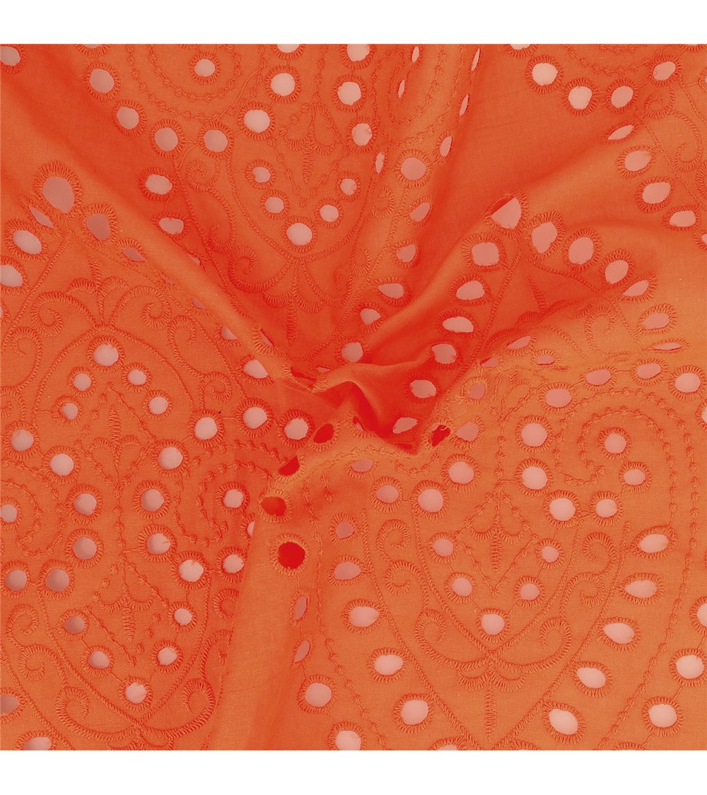 Broderie anglaise 100% coton grandes arabesques orange au mètre