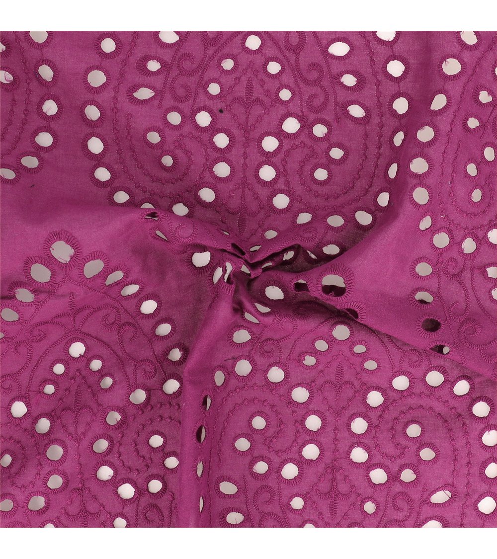 Broderie anglaise 100% coton grandes arabesques violet au mètre