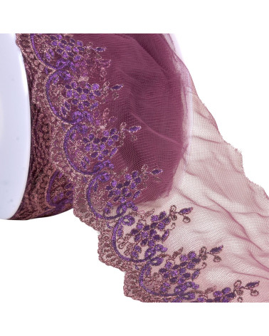 Bobina da 18,8 m di ricamo metallico su tulle da 120 mm viola