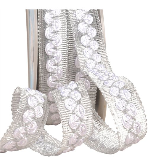 Bobine 15m galon vagues sur tresse métal 25mm blanc