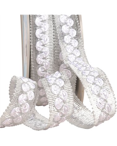 Bobine 15m galon vagues sur tresse métal 25mm blanc
