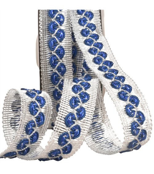 Bobine 15m galon vagues sur tresse métal 25mm bleu marine