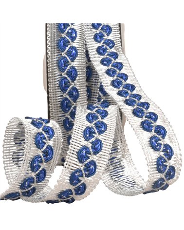 Bobine 15m galon vagues sur tresse métal 25mm bleu marine