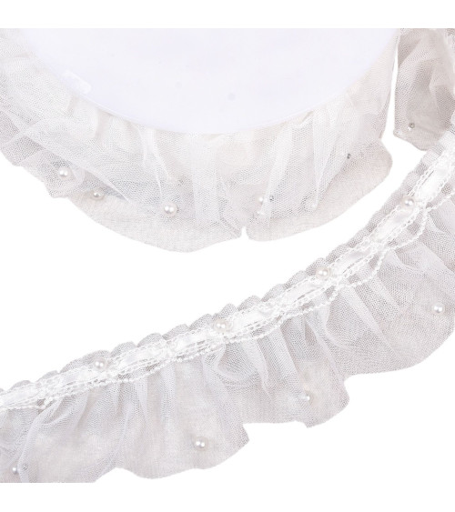 15m spool of gathered beaded lace trim 60mm white