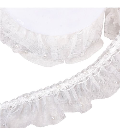 Bobine 15m galon dentelle perlée froncée 60mm blanc