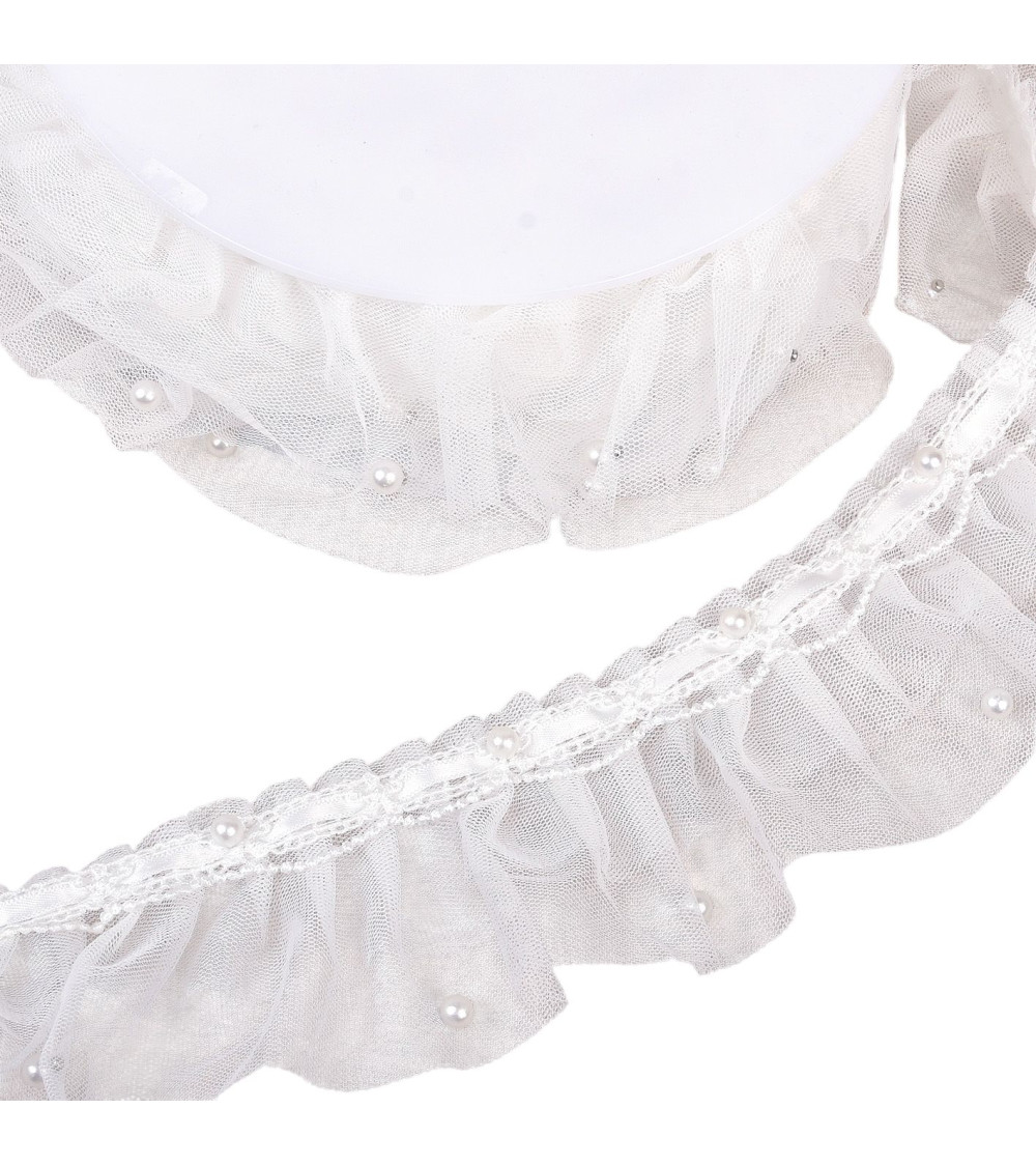 Bobina da 15 m di pizzo raccolto con perline da 60 mm bianco