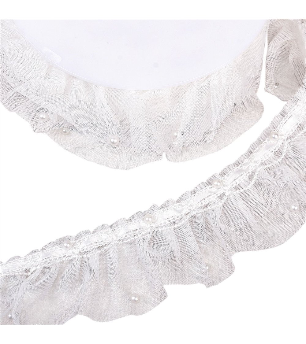 Bobine 15m galon dentelle perlée froncée 60mm blanc