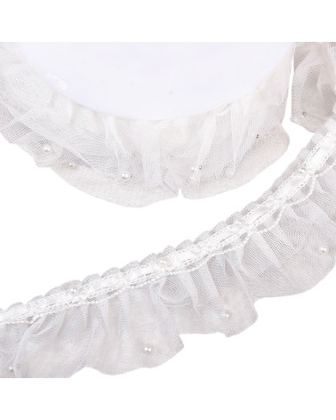 Bobina de 15m de puntilla fruncida de pedrería 60mm blanco