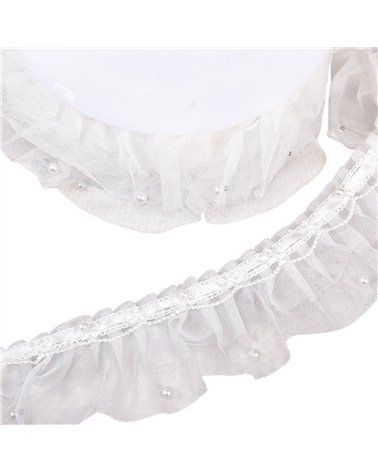 Bobine 15m galon dentelle perlée froncée 60mm blanc