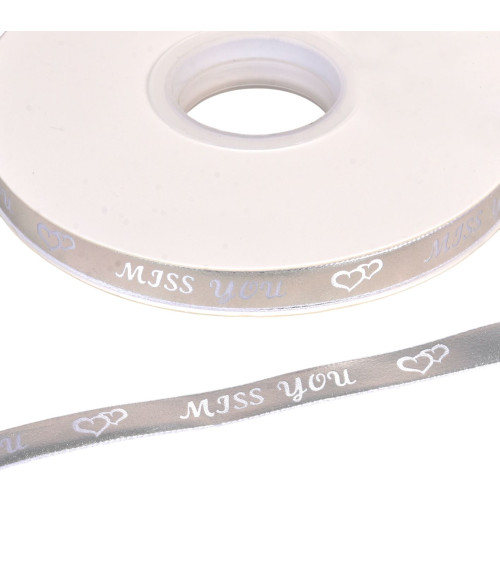 Carrete de 45m cinta mensaje "te extraño" 10mm plata