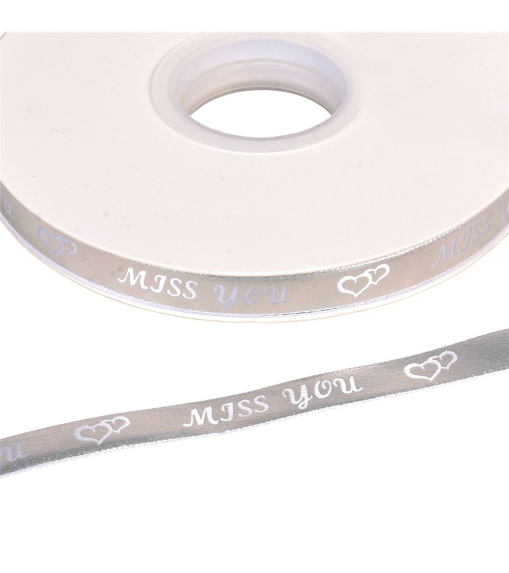 Bobine 45m ruban à message "miss you" 10mm argent
